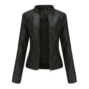 Women motorcycle standing collar long sleeve cropped coat & jacket
