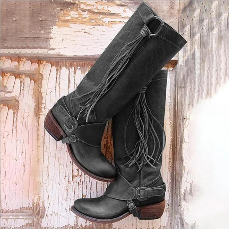 Women's knee high fringe boots low heel biker boots with tassels