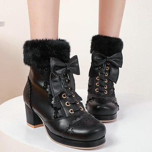 Women cute bowknot lace up hollow flower heeled faux fur short winter boots
