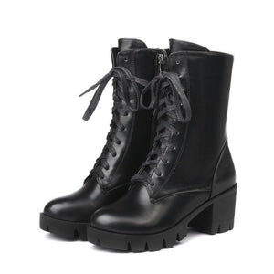 Women short platform chunky heel side zipper lace up boots