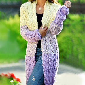 Women color block sweater cable knit long cardigan