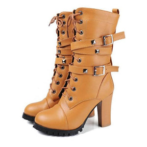 Women studded buckle strap lace up chunky high heel boots