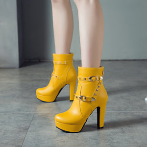 Women studded buckle strap short platform chunky high heel boots