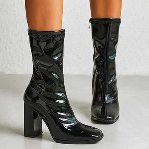 Women mid calf chunky high heel square toed boots
