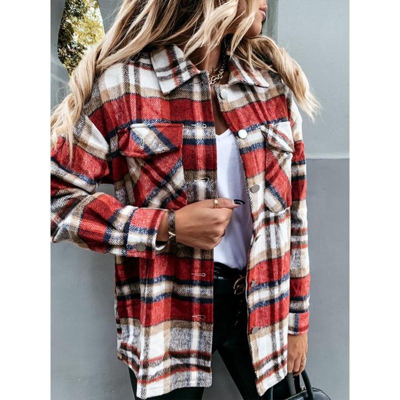 Women retro button fall outerwear long sleeve lightweight plaid coat