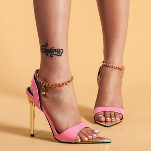 Women pointed peep toe slingback chain ankle strap heel sandal