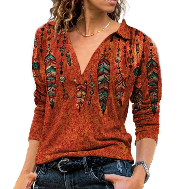 Women retro printed turn-down collar long sleeve v neck t shirts