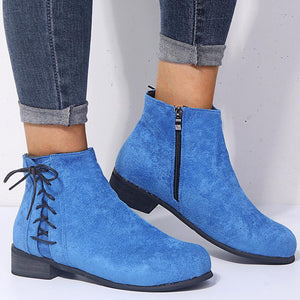 Women side lace up zipper chunky heel ankle boots