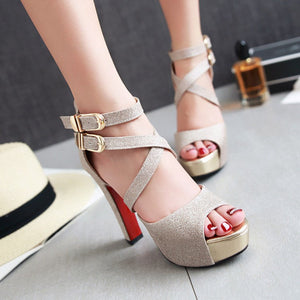 Women peep toe chunky criss cross buckle strap platform heels