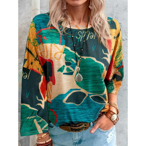 Women casual loose colorful printed long sleeve crew neck t shirt