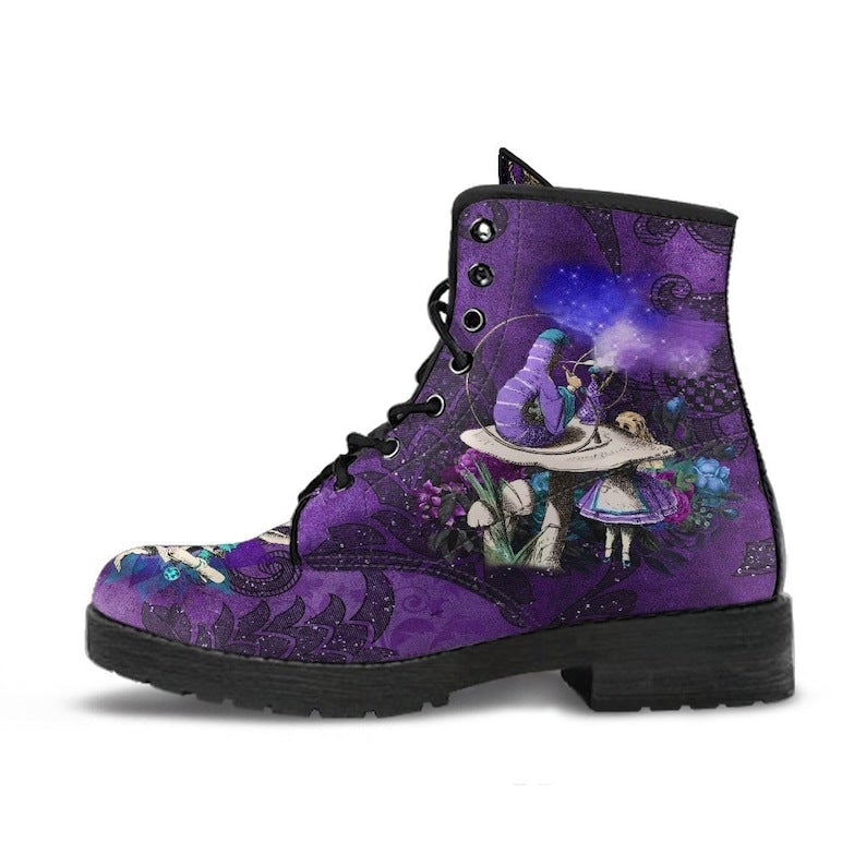 Women lace up purple short catoon print cute boots