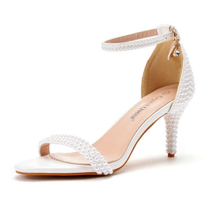 Women rhinestone buckle ring strap peep toe side cut high heels