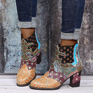 Women retro flowers printed side zipper chunky high heeled booties