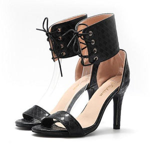 Women ankle lace up side hollow peep toe stiletto heels