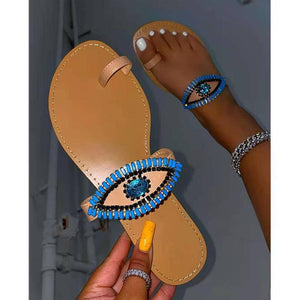 Women ring toe one strap slide flat rhinestone sandals