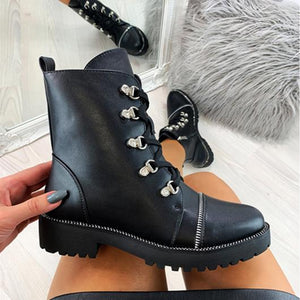 Women criss cross lace up chunky platform short black boots