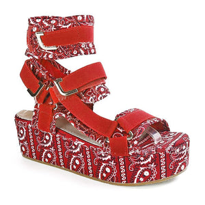 Women peep toe support straps bandana print paltform velcro sandals