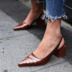 Women elegant pointed toe side cut slingback chunky heels