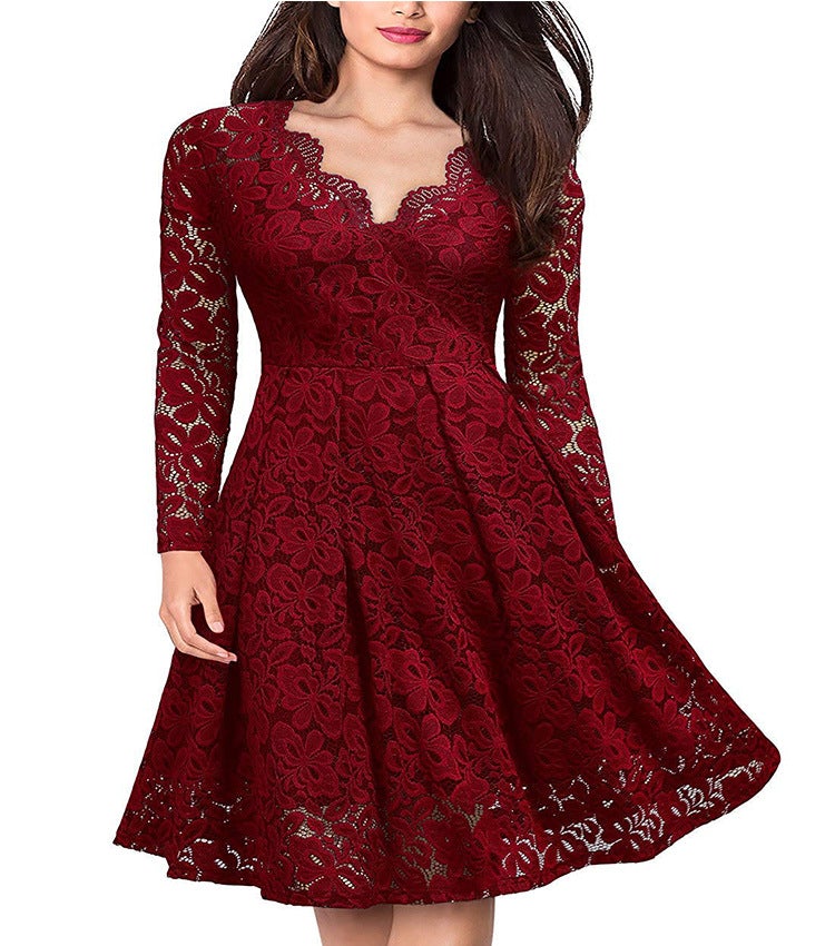 Long sleeves v neck lace dress A line flare mini dress | Fall winter evening gowns party dress