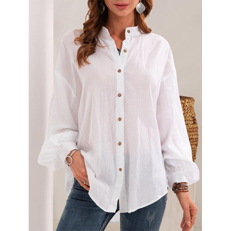 Women solid color turn-down collar long sleeve ladies tops and blouses