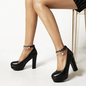 Women pearls rhinestone ankle strap chunky platform heels