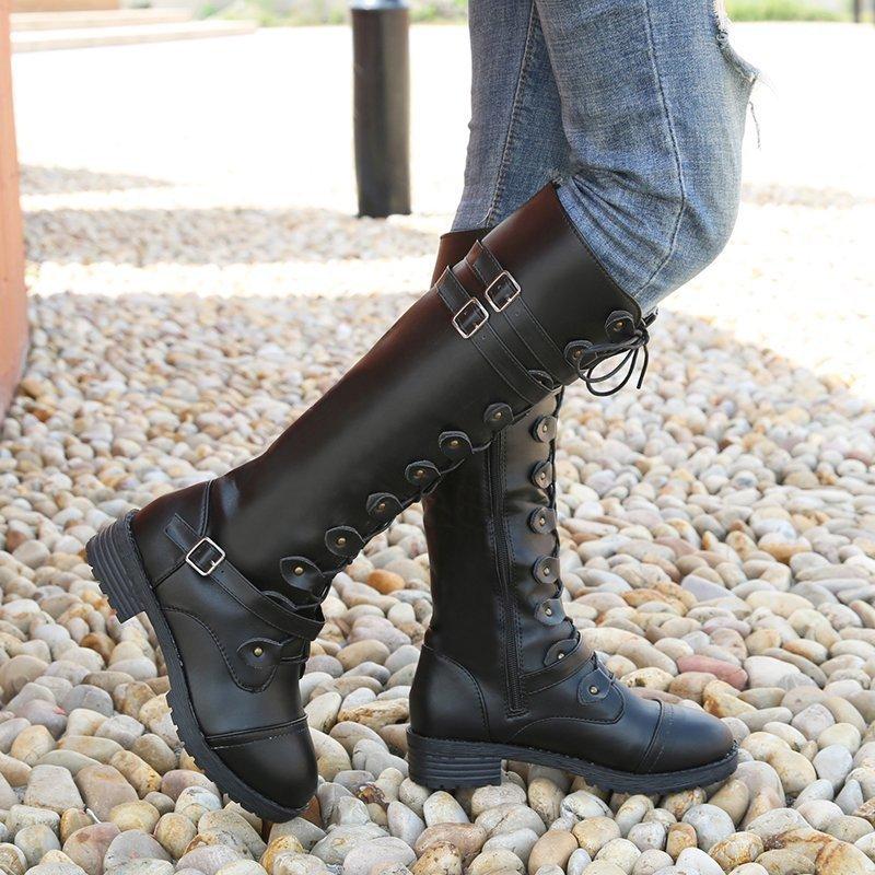 Women buckle strap criss cross lace up knee high boots