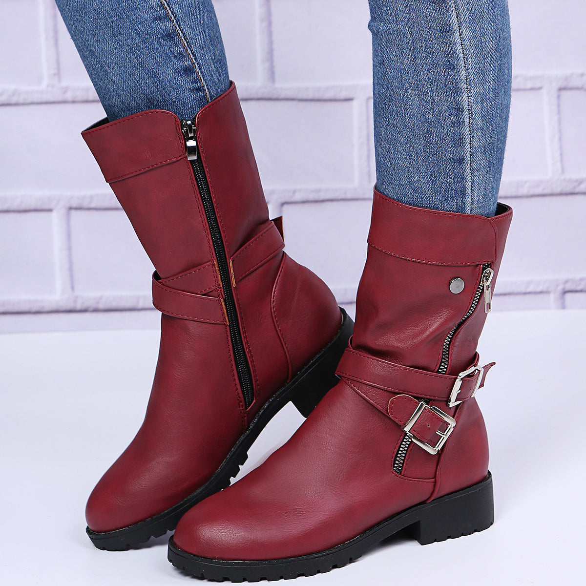 Women mid calf boots | Crisscross buckle strap side zipper motorcycle boots | Winter fashion boots