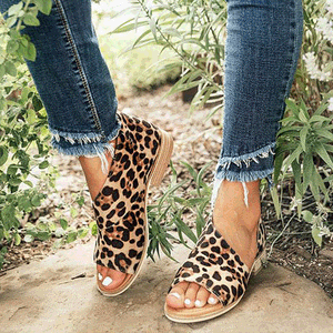 Leopard Peep Toe Side Hollow Low Chunky Sandals