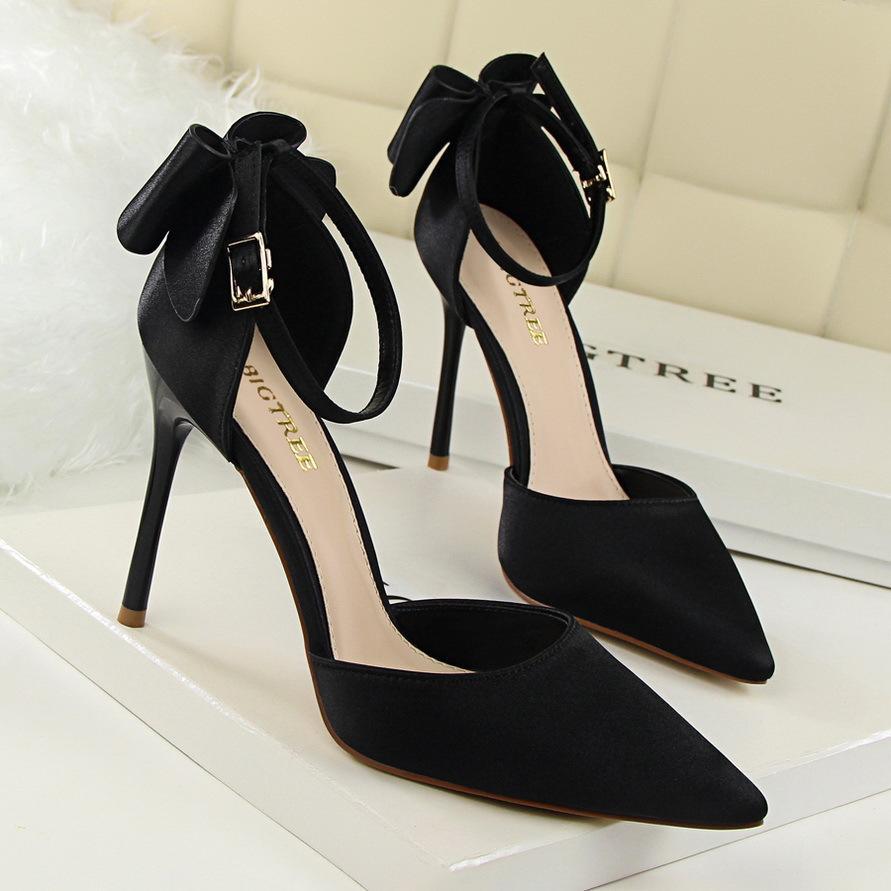 Women pointed toe bowknot ankle buckle strap stiletto heels