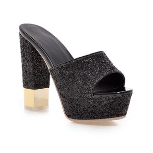 Women peep toe heel sandal slip on glitter chunky heels