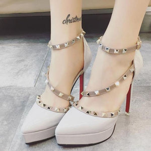 Women studded prom sexy ankle strap stiletto platform heels
