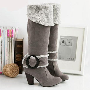 Women block heel buckle strap knee high winter boots