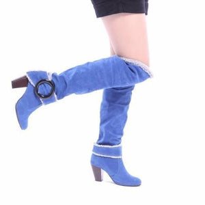 Women block heel buckle strap knee high winter boots