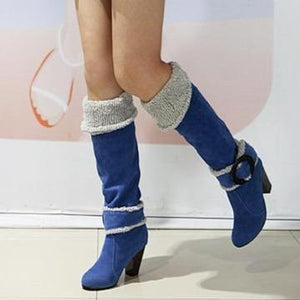 Women block heel buckle strap knee high winter boots