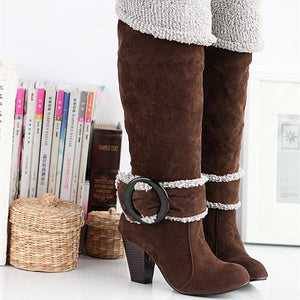 Women block heel buckle strap knee high winter boots