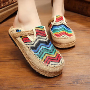 Women rainbow round closed toe linen slide sandals