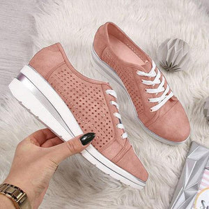 Women Fashion Lace Up Hollow Out Wedge Heel Sneakers - fashionshoeshouse
