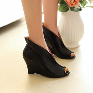 Women peep toe slip on solid high heel wedge sandals