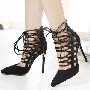 Women stiletto closed toe criss cross strappy lace up heels