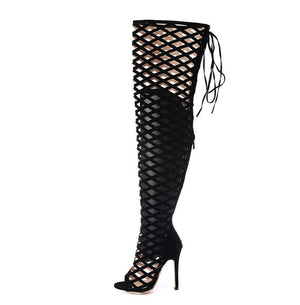 Women peep toe hollow sexy lace up stiletto thigh high boots