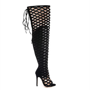 Women peep toe hollow sexy lace up stiletto thigh high boots