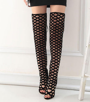 Women peep toe hollow sexy lace up stiletto thigh high boots