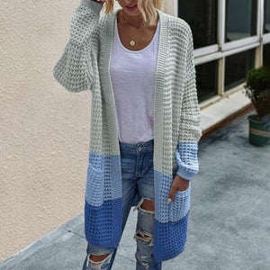 Women's open front knitted cardigan sweater long sleeve crochet sweater with pockets