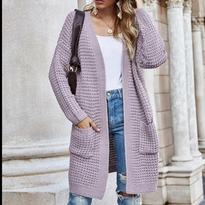 Women's open front knitted cardigan sweater long sleeve crochet sweater with pockets