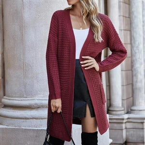 Women's open front knitted cardigan sweater long sleeve crochet sweater with pockets