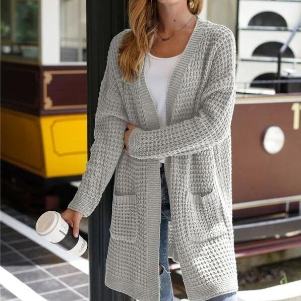 Women's open front knitted cardigan sweater long sleeve crochet sweater with pockets