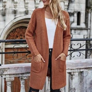 Women's open front knitted cardigan sweater long sleeve crochet sweater with pockets