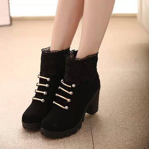 Women's platform heeled zipper boots fashion lace edge booties