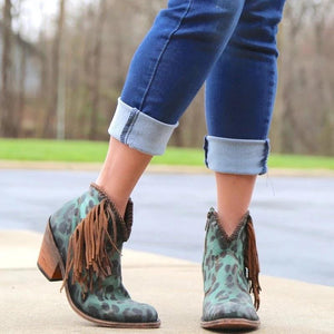 Sexy V-cut pointed toe fringe boots leopard ankle boots retro block heel boots