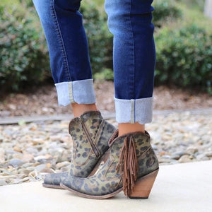 Sexy V-cut pointed toe fringe boots leopard ankle boots retro block heel boots